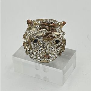 Tiger Cocktail Ring statement rhinestone brass enamel - size 7